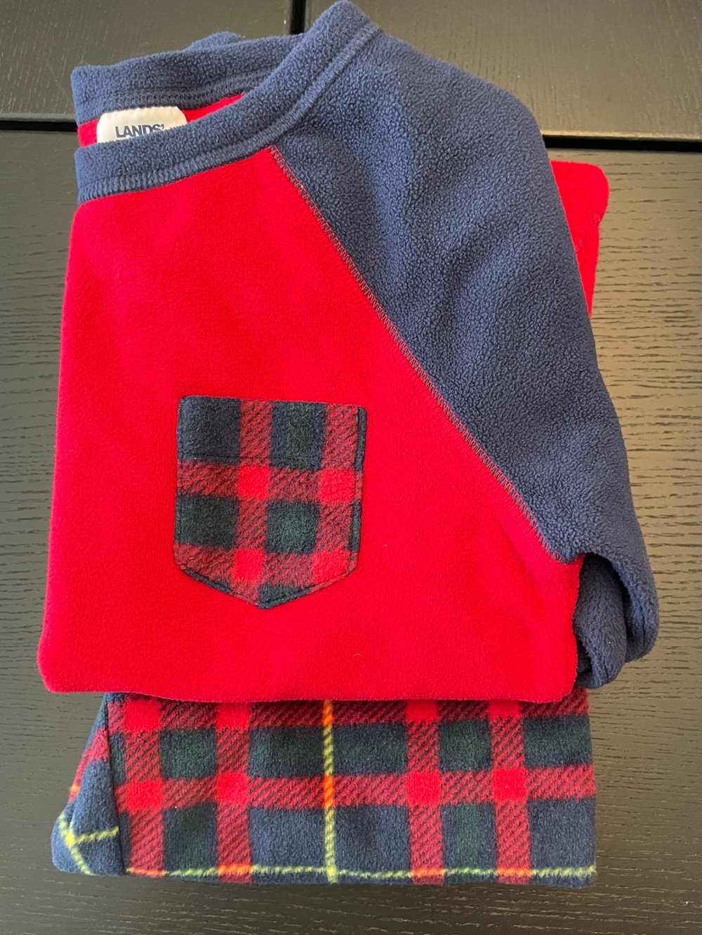 Lands' End Red & Navy Fleece Plaid Pocket Kids Pajama Set